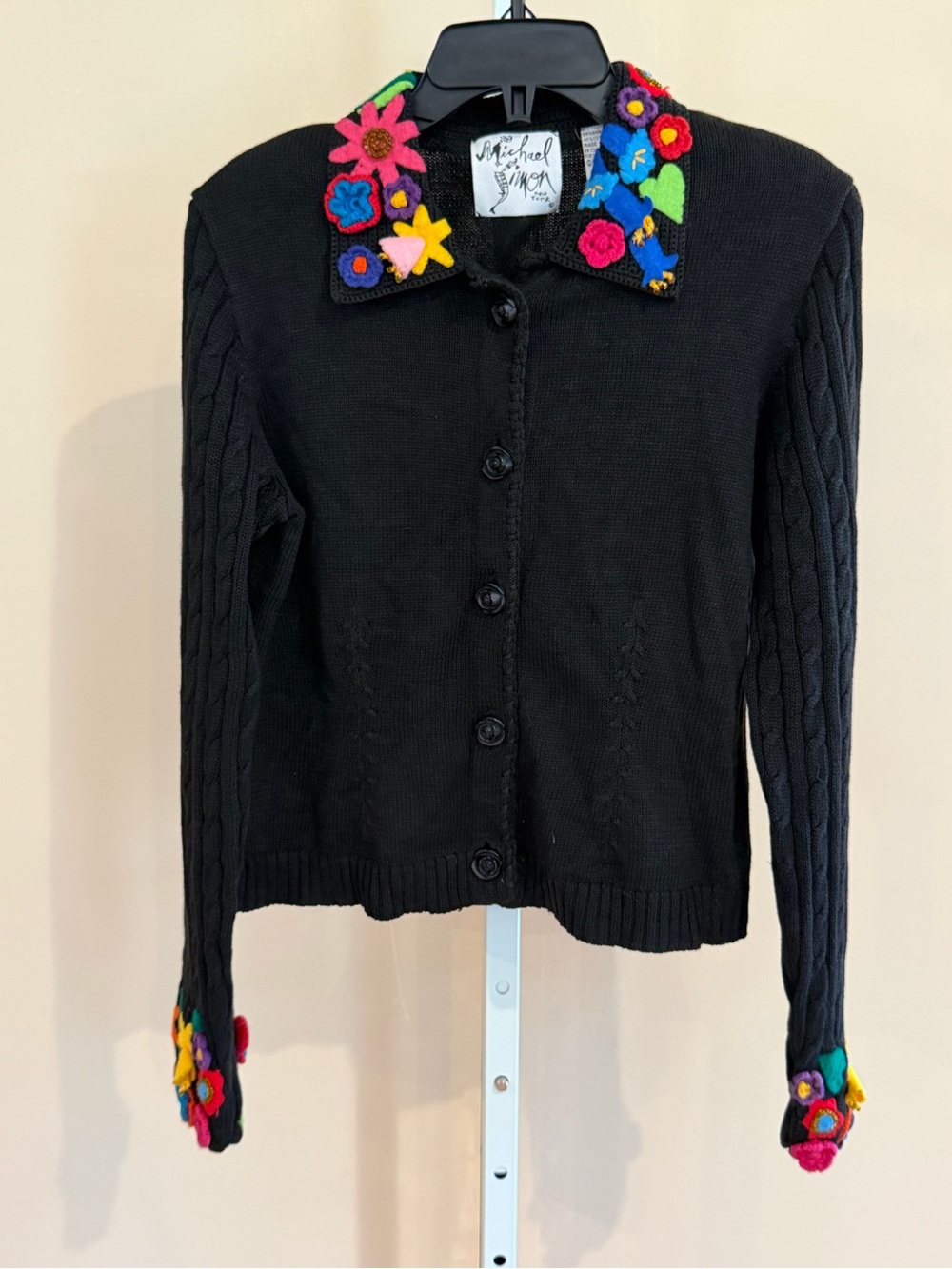 Vintage Collectible Michael Simon Black Cardigan Floral Felt Detail M